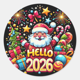 Adesivo Redondo Hello 2026 Santa Claus Christmas New Year