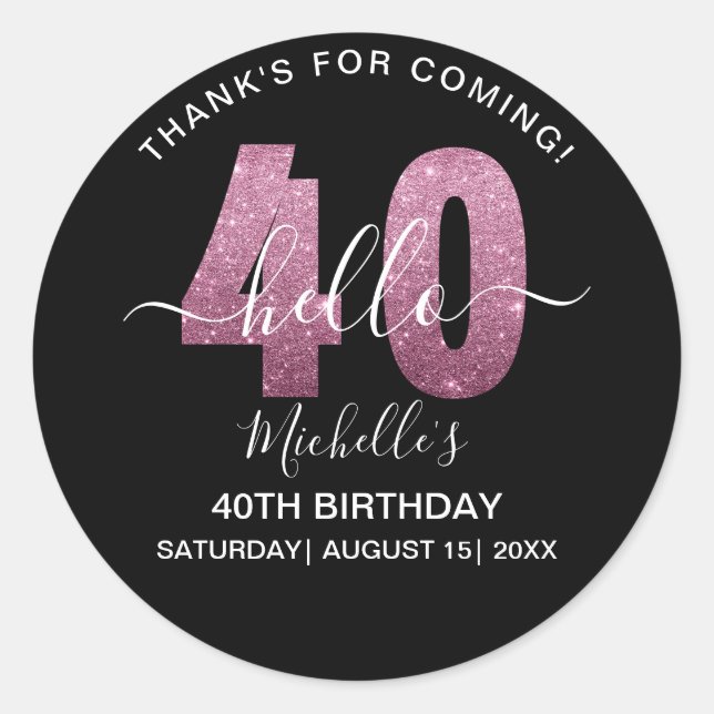 Adesivo Redondo Hello 40! Fun 40th birthday Pink glitter (Frente)