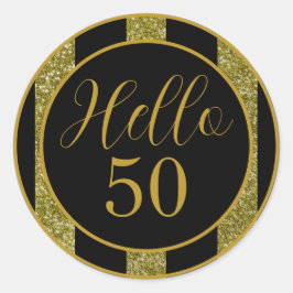 Adesivo Redondo Hello 50 Birthday Black Gold Glitter Stripes
