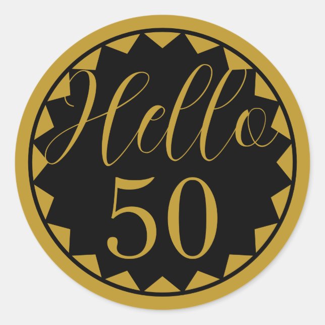 Adesivo Redondo Hello 50 Black and Gold  50th Birthday Design (Frente)