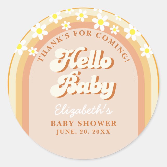 Adesivo Redondo Hello Baby Cute Groovy Baby Shower (Frente)