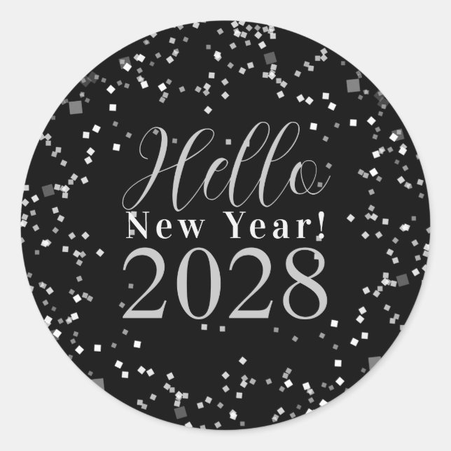 Adesivo Redondo Hello New Year's Eve Black and Silver Sparkle (Frente)