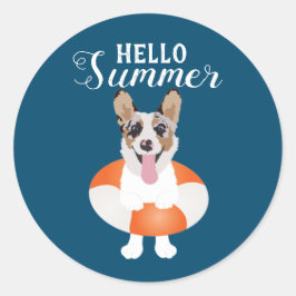 Adesivo Redondo Hello Summer Corgi Beach Dogs