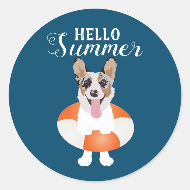 Adesivo Redondo Hello Summer Corgi Beach Dogs (Frente)