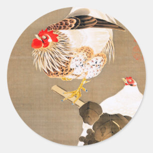 Adesivo Redondo Hen e Rooster com Grapevine por Ito Jakuchu