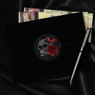 Adesivo Redondo Henna Zodiac Magic   Rosas de crânio gótico verm