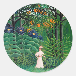 Adesivo Redondo Henri Rousseau - Mulher caminhando em uma Floresta