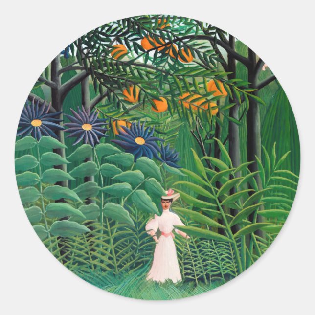 Adesivo Redondo Henri Rousseau - Mulher caminhando em uma Floresta (Frente)