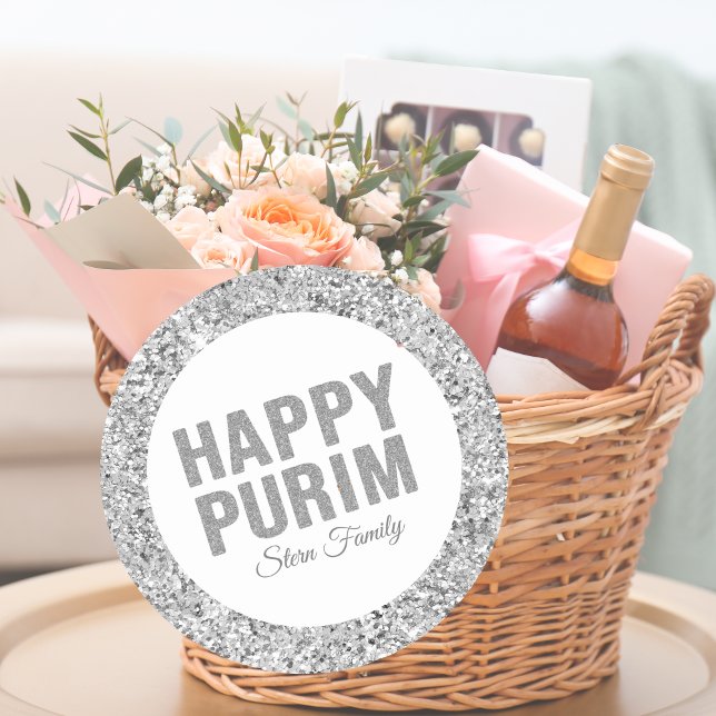 Adesivo Redondo Hepatite Feliz Purim Silver Glitter Elegante (Criador carregado)