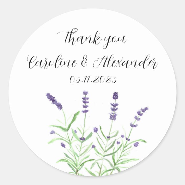 Adesivo Redondo Herbos de Lavanda de Aquarela Elegante Casamento F (Frente)