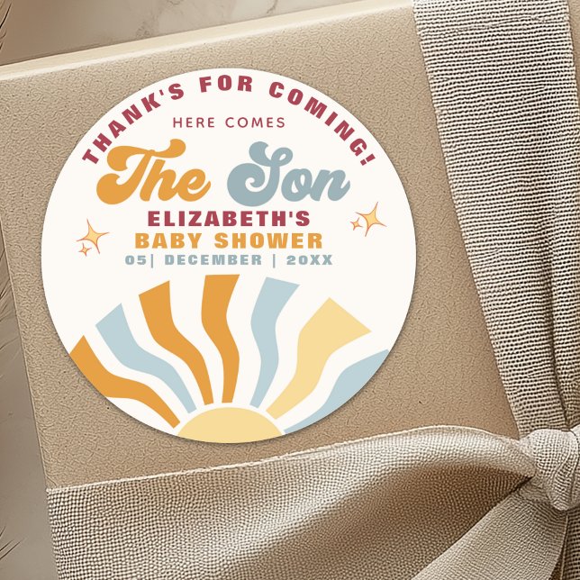 Adesivo Redondo Here come the son - Funny Retro Style  Baby Shower (Criador carregado)