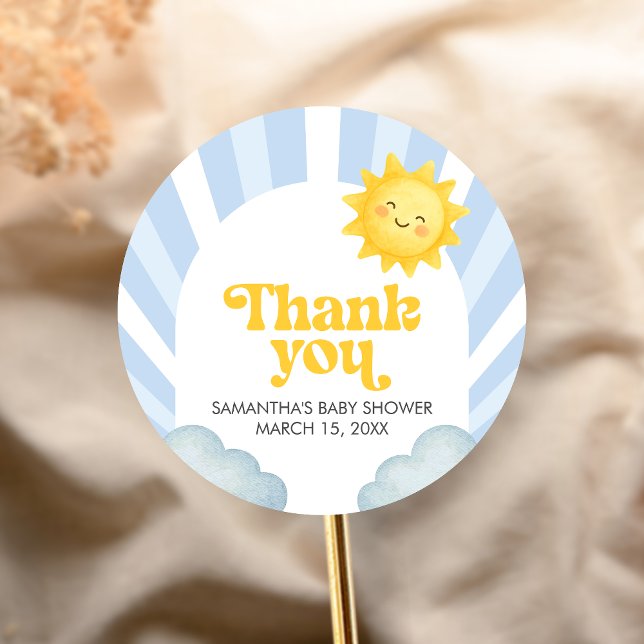 Adesivo Redondo Here Comes the Son Baby Shower (Here Comes the Sun Baby Shower Sticker)