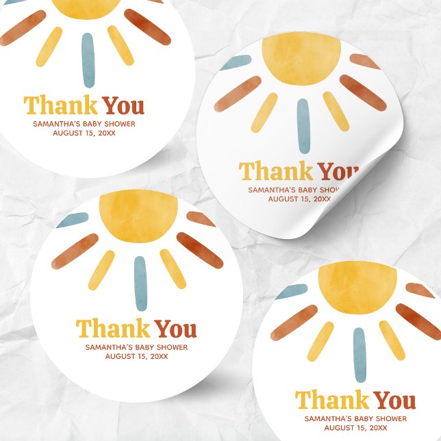 Adesivo Redondo Here comes the Son Sunshine Baby Shower (Here comes the Sun Baby Shower Round Sticker)