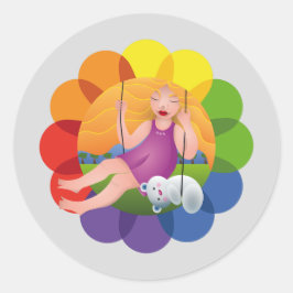 Adesivo Redondo Hermosa chica en columpio con su oso