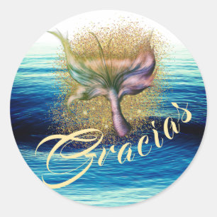 Adesivo Redondo Hermosa y mágica sirena cola salpicadura en azul y
