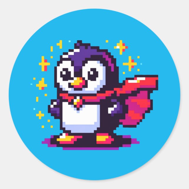 Adesivo Redondo Herói Pixel Penguin: Retroaventura (Frente)