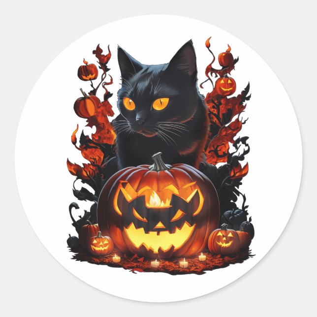 Adesivo Redondo Hex, a camiseta do gato preto de Halloween (Frente)