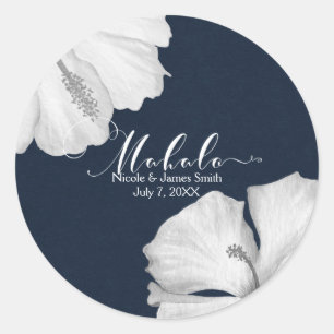Adesivo Redondo Hibisco Branco Favor de Casamento Tropical Azul Ma