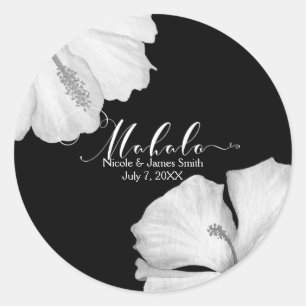 Adesivo Redondo Hibisco Branco Favor de Casamento Tropical Preto M