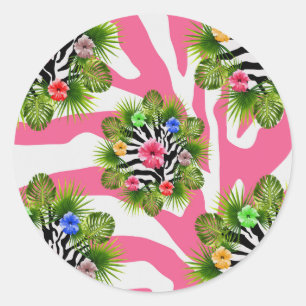 Adesivo Redondo hibisco tropical e tiras de zebra rosa exótica