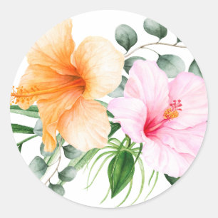 Adesivo Redondo Hibisco Tropical Floral Laranja e Rosa