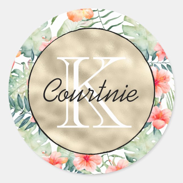 Adesivo Redondo Hibiscus Floral Dourado Monograma Rosa Tropical    (Frente)