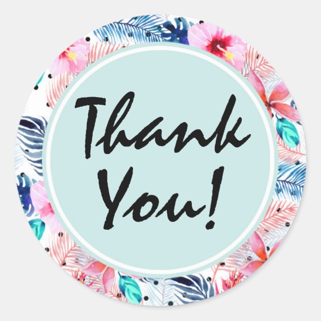 Adesivo Redondo Hibiscus Tropical Hawaiai e Folha de Palma Obrigad (Frente)