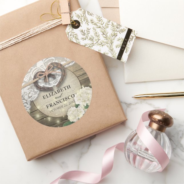 Adesivo Redondo Hídrangea Chá de casamento de madeira de ferradura (Presentear)