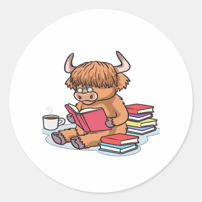 Adesivo Redondo Highland Cattle Leia Livros Bebendo Café (Frente)