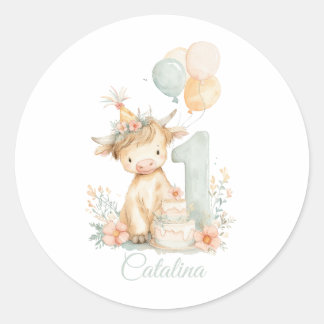 Adesivo Redondo Highland Cow 1st Birthday