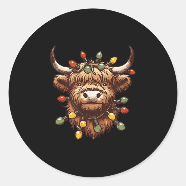 Adesivo Redondo Highland Cow Christmas Xmas Papais noeis Wooly Faz (Frente)
