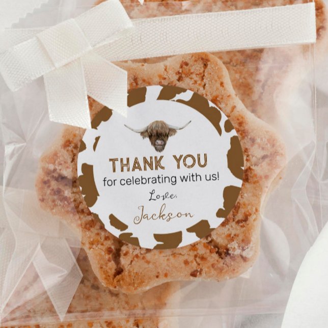 Adesivo Redondo Highland Cow Labs Aniversário Chá de fraldas (Criador carregado)