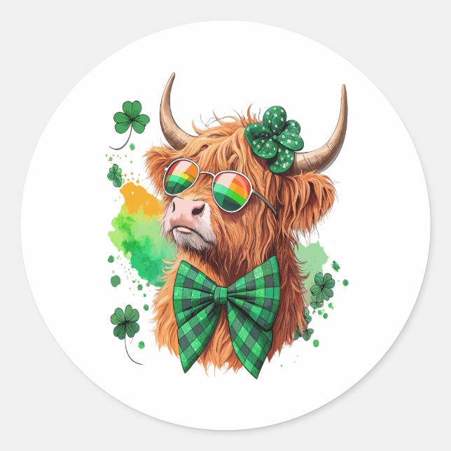 Adesivo Redondo Highland Cow Rua Patrick's , Lucky Cow (Frente)