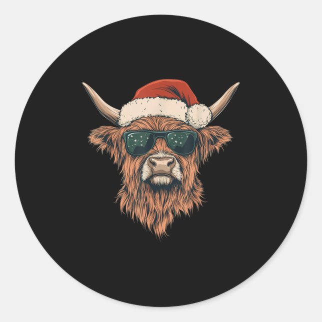 Adesivo Redondo Highland Cow Santa Hat Engraçado Farmador Ch (Frente)