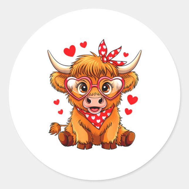 Adesivo Redondo Highland Cow Valentines Day Funny Hearts Valentine (Frente)