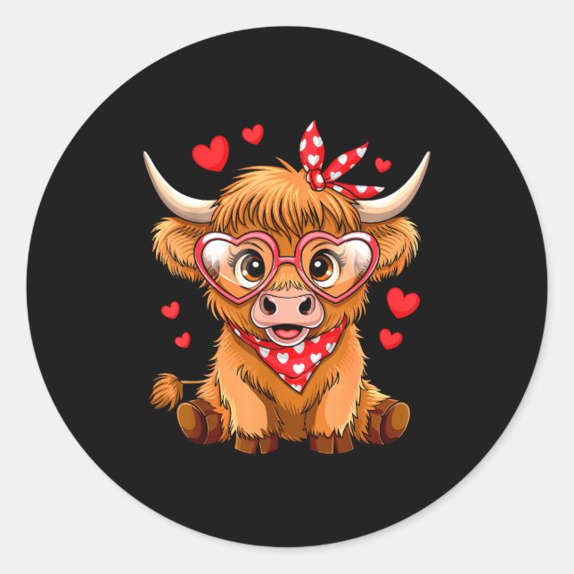 Adesivo Redondo Highland Cow Valentines Day Funny Hearts Valentine (Frente)