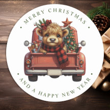 Highland Cow Vintage Red Truck Feliz Natal