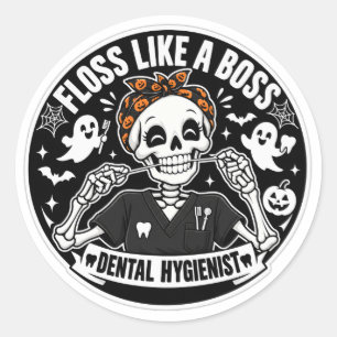 Adesivo Redondo Higienista Dental Esqueleto de Halloween
