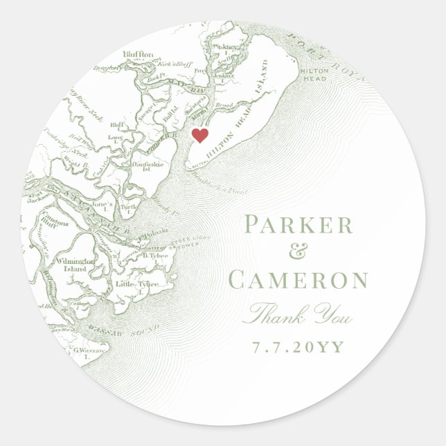 Adesivo Redondo Hilton Head SC Map Elegant Sage Weding Favor (Frente)