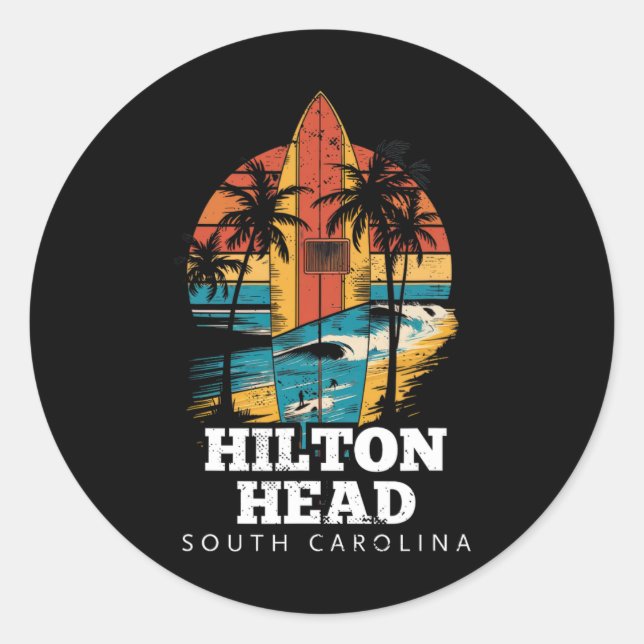 Adesivo Redondo Hilton Head South Carolina Surfboard Surfing Retro (Frente)