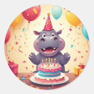 Adesivo Redondo Hipopótamo Adorável Comemora Aniversário com Bolo