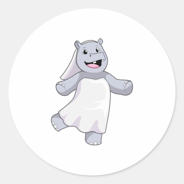 Adesivo Redondo Hipopótamo como Noiva com Véu (Frente)