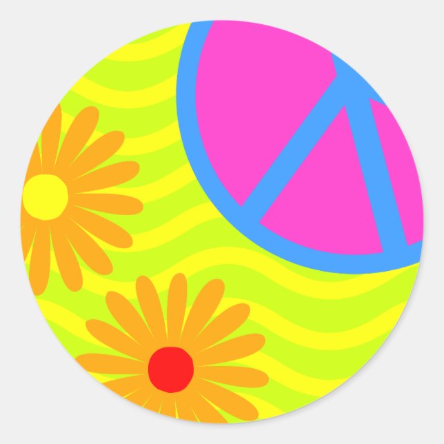 Adesivo Redondo Hippie Peace Sign and Flowers, dos anos 70 (Frente)