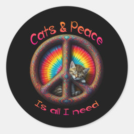 Adesivo Redondo Hippie Tie Dye Cat Amantes da Paz