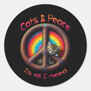 Adesivo Redondo Hippie Tie Dye Cat Amantes da Paz