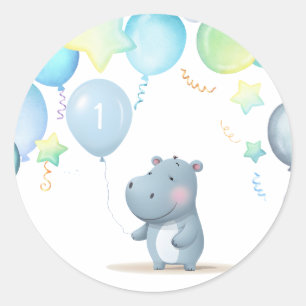 Adesivo Redondo Hippo Birthday - azul-macio