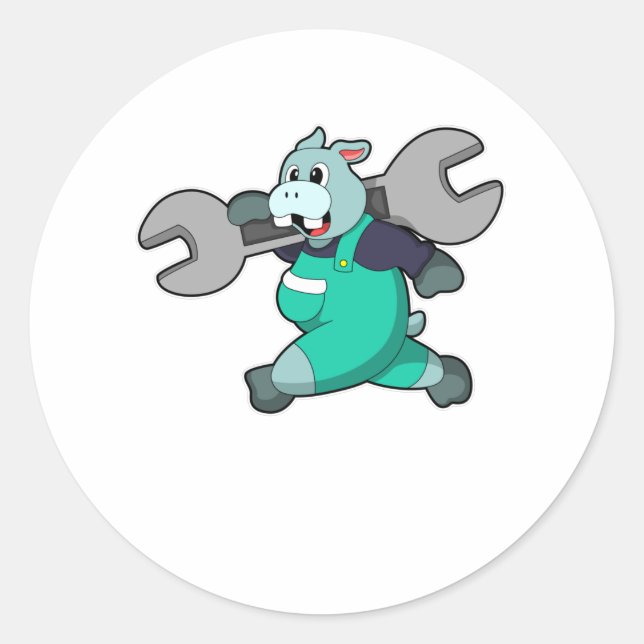 Adesivo Redondo Hippo como mecânico com chave inglesa (Frente)