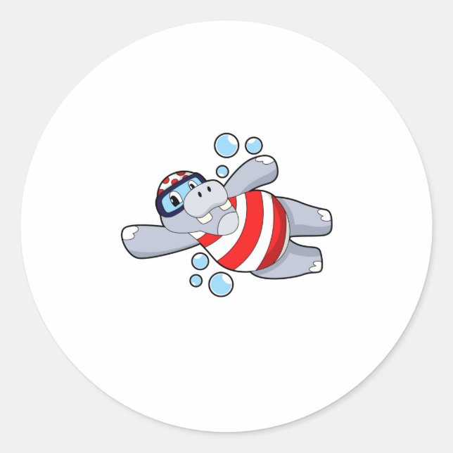 Adesivo Redondo Hippo como mergulhador com óculos de natação (Frente)