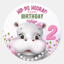 Adesivo Redondo Hippo Pink Floral Girl Birday