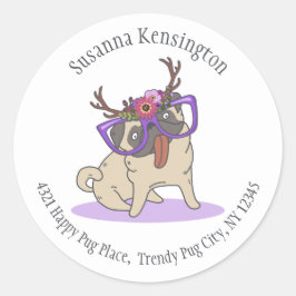 Adesivo Redondo Hipster Bonito Boho Hippie Pug Big Glass Endereço